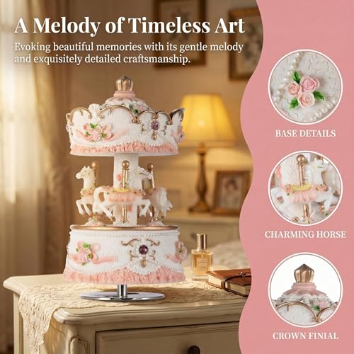 Musfunny Carousel Music Boxes for Girls 3-Horse Rotating Windup Melody Castle in The Sky Color Change LED Lights Musical Gift for Daughter Birthday Christmas Festival Music Box Artware Pink - Image 2