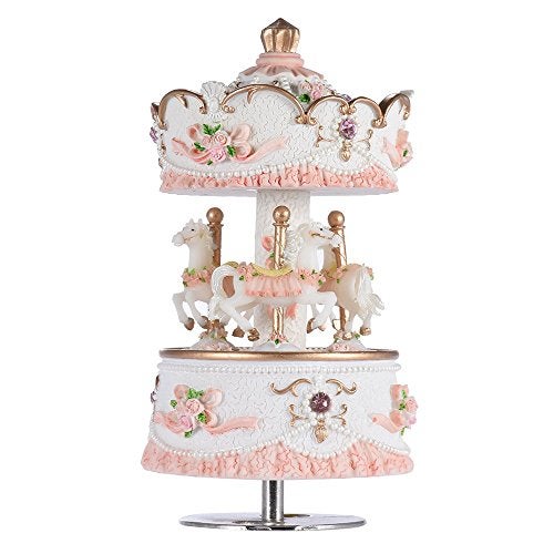 Musfunny Carousel Music Boxes for Girls 3-Horse Rotating Windup Melody Castle in The Sky Color Change LED Lights Musical Gift for Daughter Birthday Christmas Festival Music Box Artware Pink - Image 1