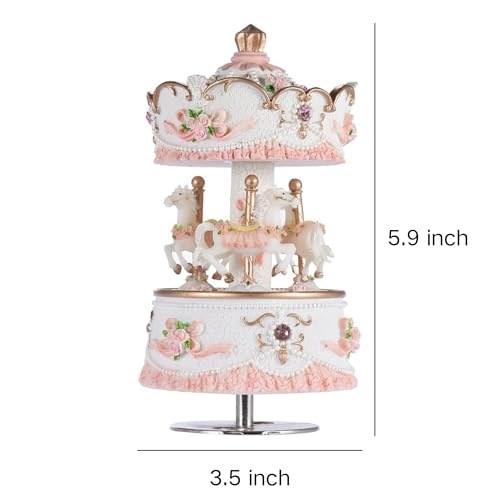 Musfunny Carousel Music Boxes for Girls 3-Horse Rotating Windup Melody Castle in The Sky Color Change LED Lights Musical Gift for Daughter Birthday Christmas Festival Music Box Artware Pink - Image 4