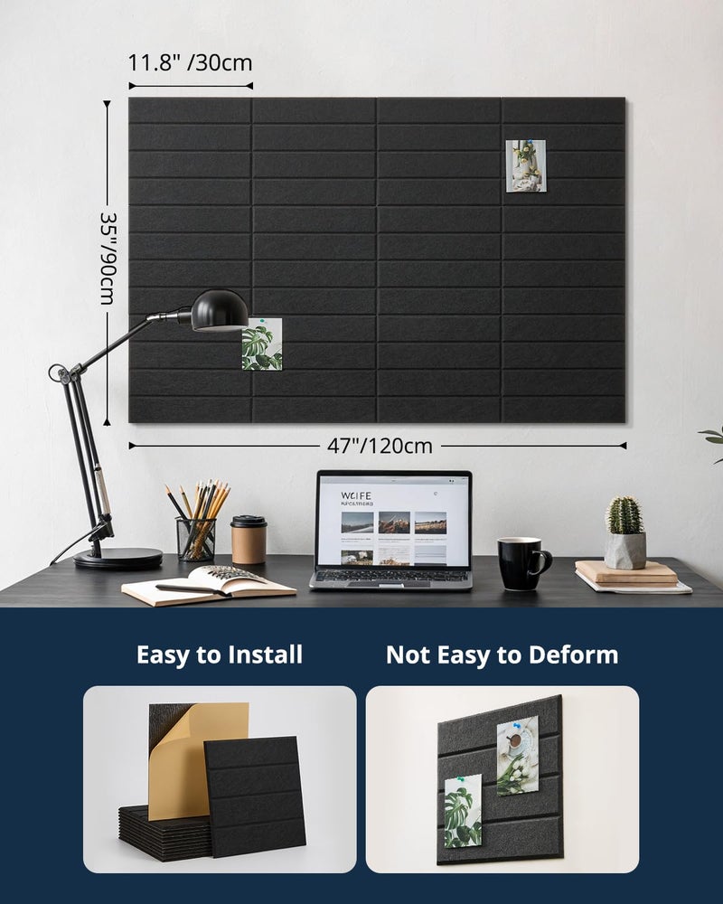 Woovio Large Cork Board, 12 Pack 12"X12"X0.4" Felt Bulletin Board Tiles with Self Adhesive for Wall Home Office Decor, Pin Cork Boards-Black - Image 2