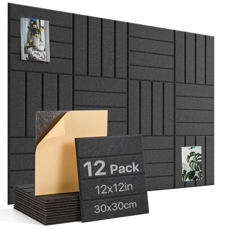 Woovio Large Cork Board, 12 Pack 12"X12"X0.4" Felt Bulletin Board Tiles with Self Adhesive for Wall Home Office Decor, Pin Cork Boards-Black - Image 1