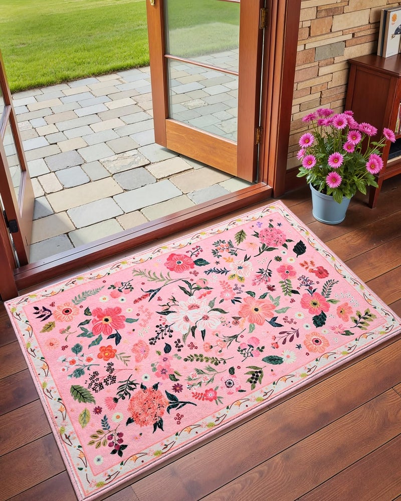 Macgace 2x3 Pink Floral Rug for Entryway, Flowers Printed Washable Small Rugs with Non Slip Backing for Girls Bedroom Kitchen, Cute Throw Carpet Front Door Entry Decor - Image 1