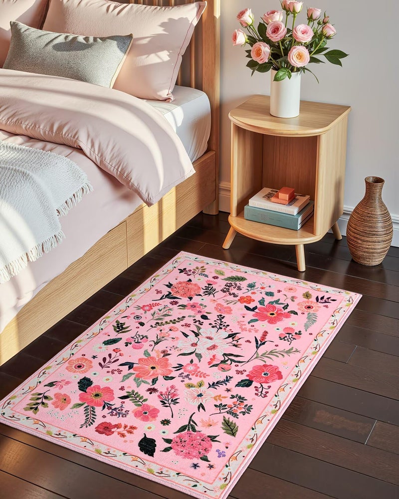 Macgace 2x3 Pink Floral Rug for Entryway, Flowers Printed Washable Small Rugs with Non Slip Backing for Girls Bedroom Kitchen, Cute Throw Carpet Front Door Entry Decor - Image 2