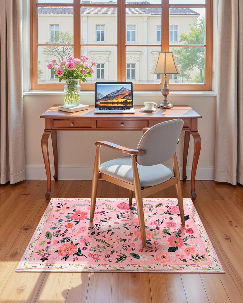Macgace 2x3 Pink Floral Rug for Entryway, Flowers Printed Washable Small Rugs with Non Slip Backing for Girls Bedroom Kitchen, Cute Throw Carpet Front Door Entry Decor - Image 3