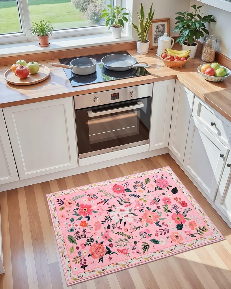 Macgace 2x3 Pink Floral Rug for Entryway, Flowers Printed Washable Small Rugs with Non Slip Backing for Girls Bedroom Kitchen, Cute Throw Carpet Front Door Entry Decor - Image 4