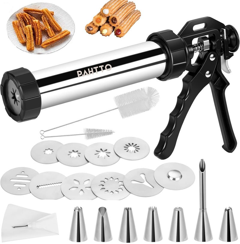 PAHTTO PAHTTO Churro Maker Machine, Stainless Steel Churros Gun Kit, 3-in-1 Multifunctional Cookie Press Hollow Churro with Piping Bag, 7 Piping Nozzles, 9 Cookie Discs & 2 Brushes, Easy to Clean  - Image 1