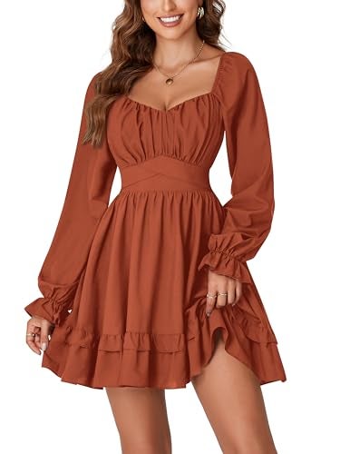 KIFOVEN Women's Lantern Long Sleeve Smocked Wrap Tiered Ruffle Flowy A Line Short Mini Dress Caramel Medium - Image 1