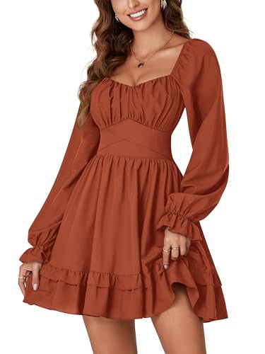 KIFOVEN Women's Lantern Long Sleeve Smocked Wrap Tiered Ruffle Flowy A Line Short Mini Dress Caramel Medium - Image 3