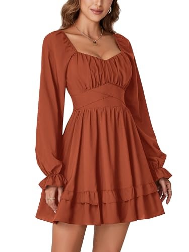 KIFOVEN Women's Lantern Long Sleeve Smocked Wrap Tiered Ruffle Flowy A Line Short Mini Dress Caramel Medium - Image 4