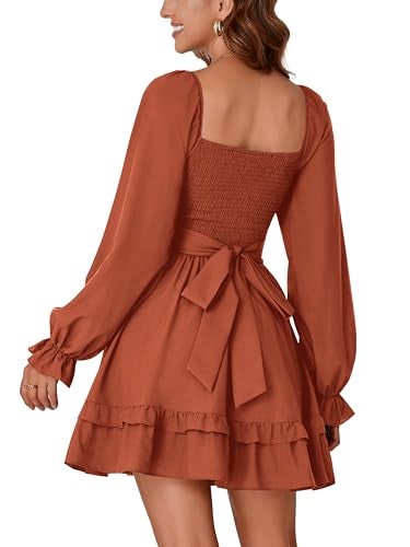 KIFOVEN Women's Lantern Long Sleeve Smocked Wrap Tiered Ruffle Flowy A Line Short Mini Dress Caramel Medium - Image 5