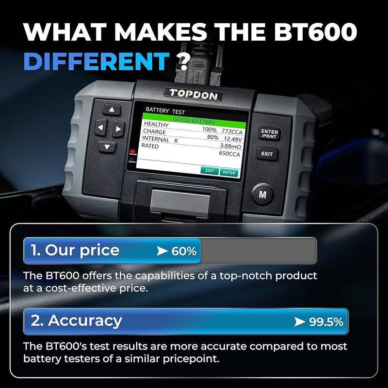 توب دون جهاز فحص بطاريات السيارات TOPDON BT600 بجهد 12V-24V، يحتوي على شاشة بحجم 3.5 بوصة وطابعة مدمجة. - Image 2