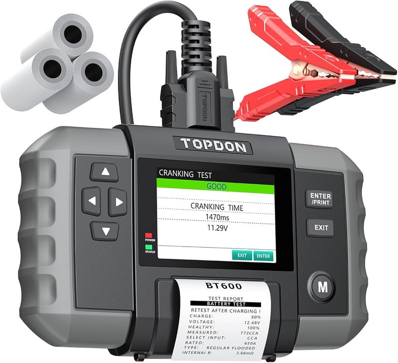 توب دون جهاز فحص بطاريات السيارات TOPDON BT600 بجهد 12V-24V، يحتوي على شاشة بحجم 3.5 بوصة وطابعة مدمجة. - Image 1