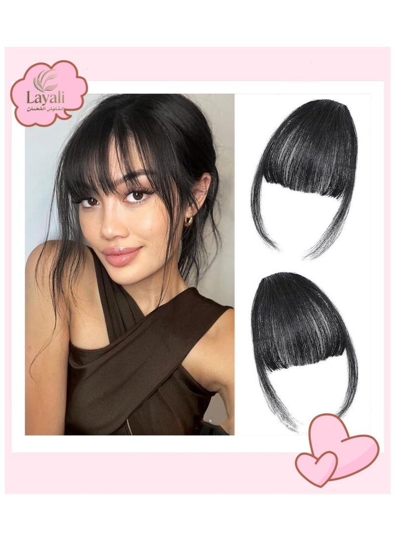 Layali Clip in Bangs 100% Real Human Hair Extensions Clip on Wispy Bangs for Women Fringe with Temples Hairpieces Black Color - Image 1
