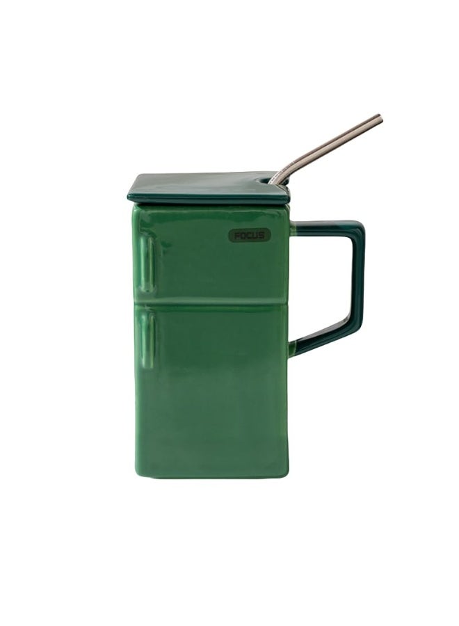 فلوشرينيك كوب سيراميكي، كوب سيراميكي على غرار الثلاجة القديمة (مع غطاء وقش) - 550 مل، كوب لاتي إبداعي، كوب قهوة ريترو - هدية فريدة من نوعها لمحبي القهوة (أخضر) - Image 1