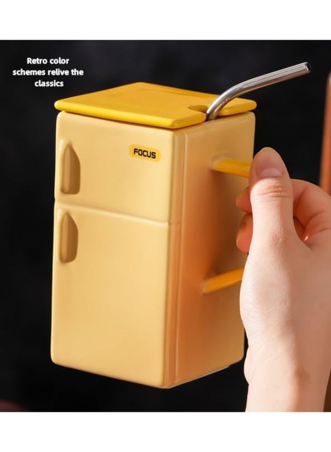 فلوشرينيك كوب سيراميكي، كوب سيراميكي على غرار الثلاجة القديمة (مع غطاء وقش) - 550 مل، كوب لاتي إبداعي، كوب قهوة ريترو - هدية فريدة من نوعها لمحبي القهوة (أخضر) - Image 5