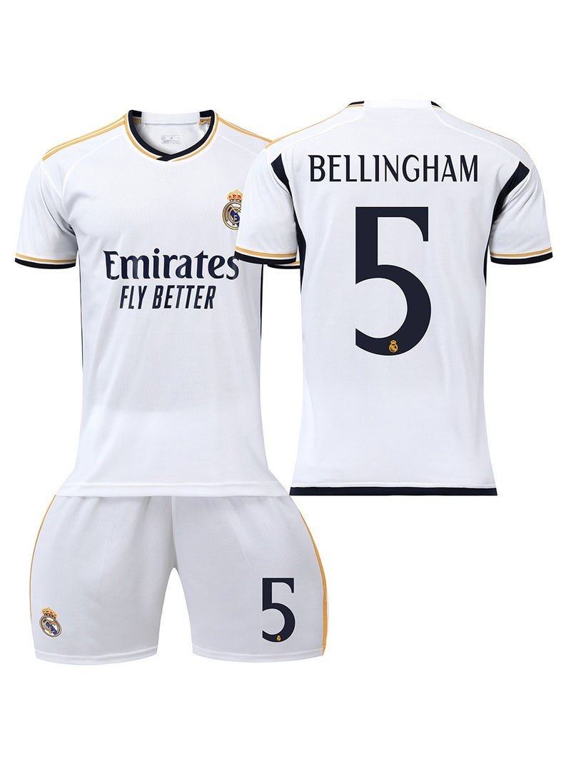 عام مجموعة هدايا قميص كرة القدم الرئيسي لريال مدريد لموسم 2023-24 بيلينغهام #5 تشمل القميص والشورت بأحجام الأطفال والبالغين لمحبي الفريق والأصدقاء. - Image 1