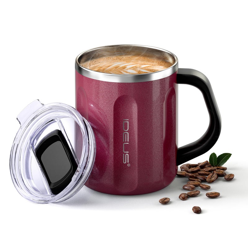 Ideus 16 oz Coffee Cup, Stainless Steel Coffee Travel Mug, Spill Proof Tea Mug with Handle and Lid, Lightweight and Durable, Great for Office Home and Outdoor Use, Burgundy-FUJI FLOW - Image 1