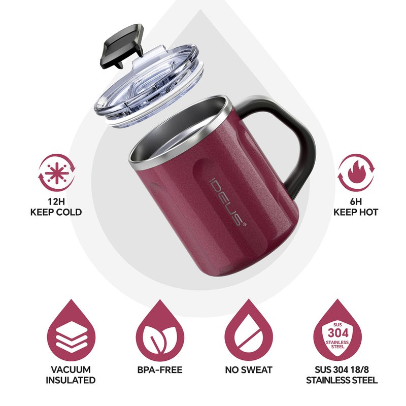 Ideus 16 oz Coffee Cup, Stainless Steel Coffee Travel Mug, Spill Proof Tea Mug with Handle and Lid, Lightweight and Durable, Great for Office Home and Outdoor Use, Burgundy-FUJI FLOW - Image 2