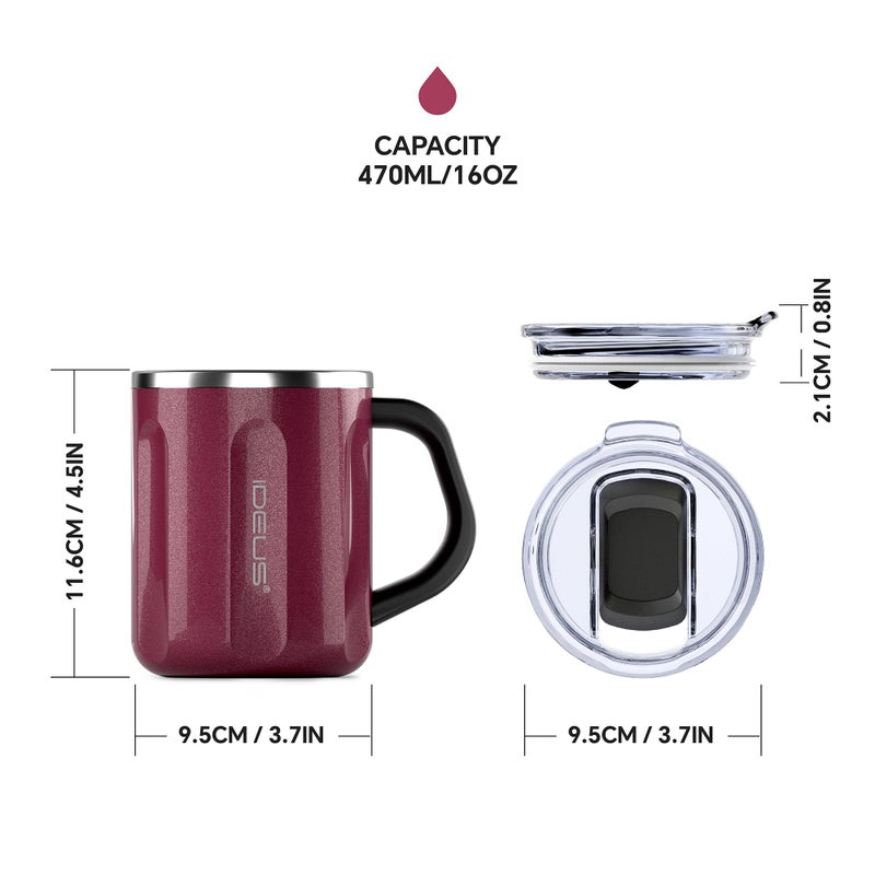 Ideus 16 oz Coffee Cup, Stainless Steel Coffee Travel Mug, Spill Proof Tea Mug with Handle and Lid, Lightweight and Durable, Great for Office Home and Outdoor Use, Burgundy-FUJI FLOW - Image 5