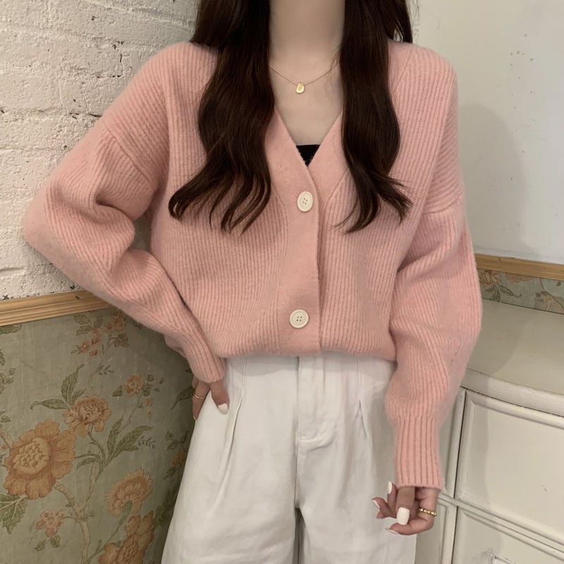 Vintage V-Neck Knit Cardigan Sweater Autumn 2024 1459 pink 