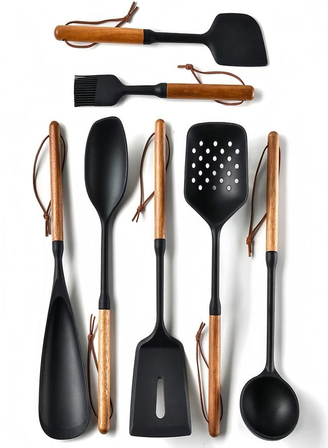 RFSCDI Exquisite Silicone Cooking Utensils Set - Non-Toxic, Heat-Resistant Kitchen Utensils Set with Food-Grade Silicone & Wood Handles - Includes Spatula & Spoon for Non-Stick Cookware, Black - Image 1
