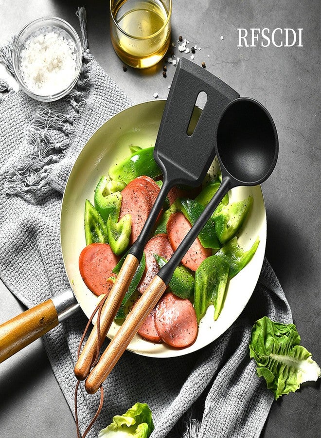 RFSCDI Exquisite Silicone Cooking Utensils Set - Non-Toxic, Heat-Resistant Kitchen Utensils Set with Food-Grade Silicone & Wood Handles - Includes Spatula & Spoon for Non-Stick Cookware, Black - Image 2