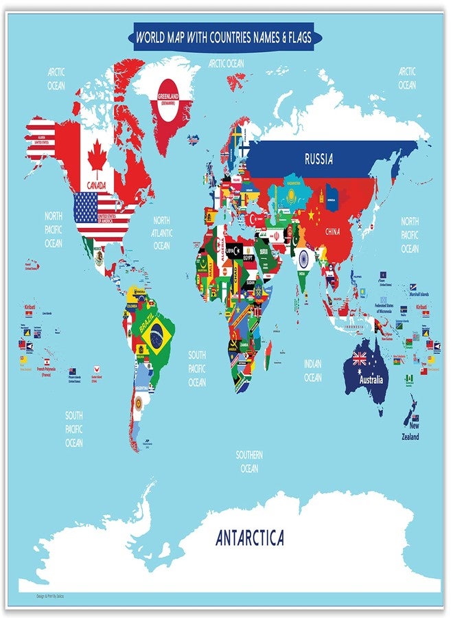Zelica World Map Poster with Countries FLAGS For Kids (SMALL size13x19 World Map Laminated) Perfect World wall Map for School classroom or home - Image 1