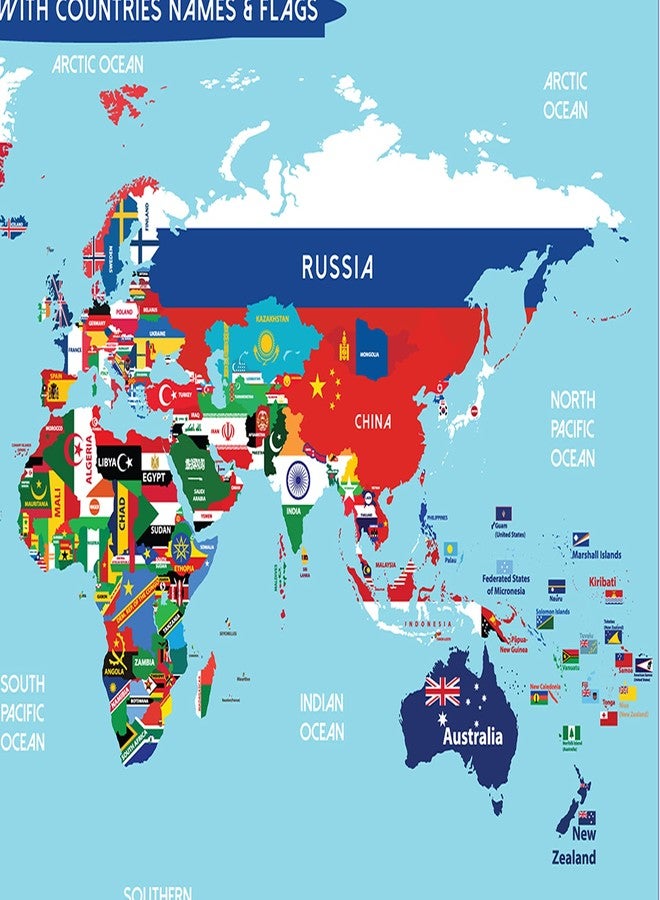 Zelica World Map Poster with Countries FLAGS For Kids (SMALL size13x19 World Map Laminated) Perfect World wall Map for School classroom or home - Image 5