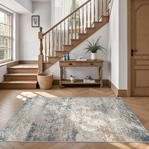 Art&Tuft Washable Rug, Anti-Slip Backing Abstract 4x6 Rug, Stain Resistant Rugs for Living Room, Foldable Machine Washable Area Rug (TPR18-Blue, 4'x6') - Image 1