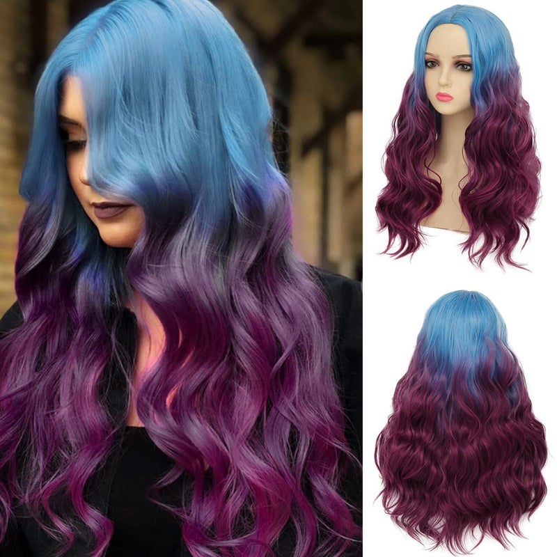 Dai Cloud Long Purple Wigs for Women Curly Wavy Tow Color Middle Part Synthetic Hair for Halloween Cosplay Party Costume Use(Blue Ombre Purple) - Image 1
