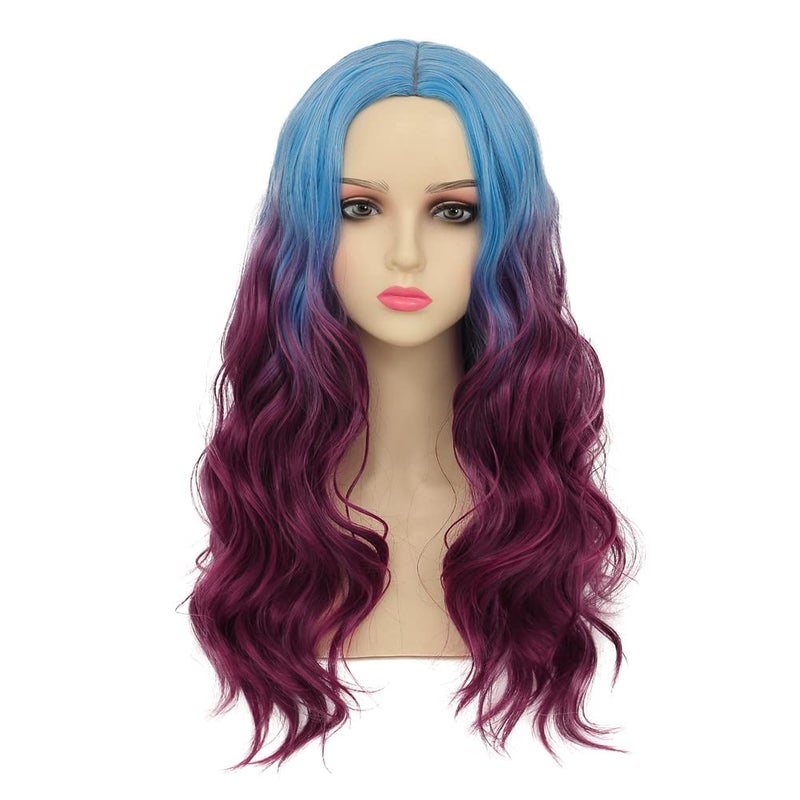 Dai Cloud Long Purple Wigs for Women Curly Wavy Tow Color Middle Part Synthetic Hair for Halloween Cosplay Party Costume Use(Blue Ombre Purple) - Image 2