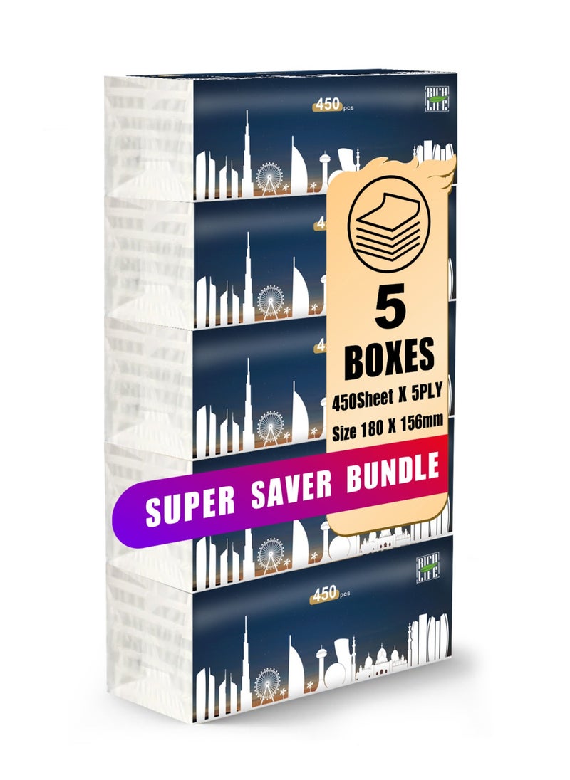 Rich Life Facial Tissue - Premium Quality 5-Ply - 450 Sheets | 5 Value Packs | Soft, Durable & Moisture Proof | 100% Raw Wood Pulp - Ideal for Wet & Dry | Available in 5 to 100 Packs  - Image 1