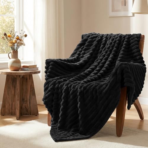 HIMEET Fleece Black Queen Blanket for Bed 300GSM Ribbed Soft Cozy Bedding Blanket House Warming Gifts New Home Luxury Bedroom Decor Throws 90x90 Inches - Image 3
