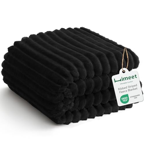 HIMEET Fleece Black Queen Blanket for Bed 300GSM Ribbed Soft Cozy Bedding Blanket House Warming Gifts New Home Luxury Bedroom Decor Throws 90x90 Inches - Image 1
