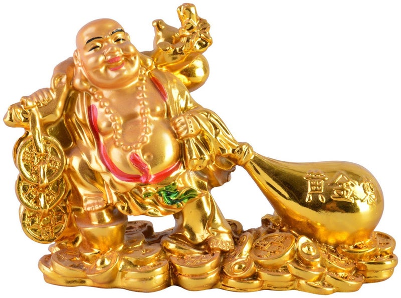 RIPE INDIA Products Vastu/Feng Shui Laughing Buddha with Potli for Health, Wealth and Happiness, Good Luck & Brings Prosperity, Success and Financial Gains to The House, 7 x 6 x 10 Cm, Golden - Image 1
