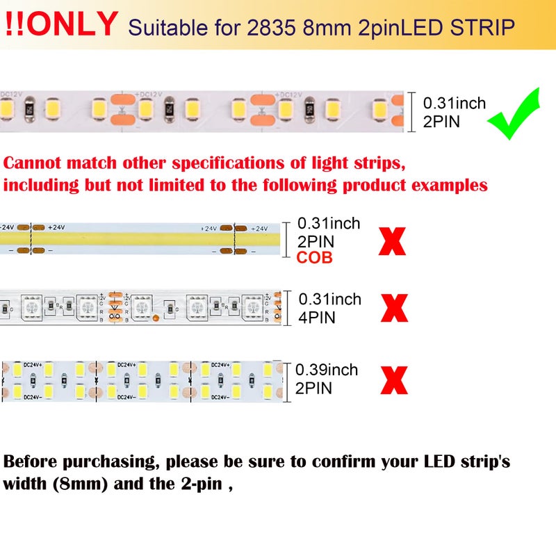 FSJEE 2Pin 8mm LED Strip Connector Kit Include2 Pin Right Angle Corner, T Shape and Gapless Connector, Strip Jumper Wires for Flexible SMD2835 (not COB) Tape Lights - Image 2