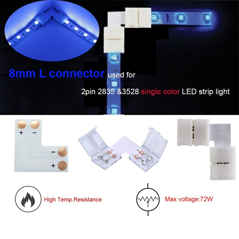 FSJEE 2Pin 8mm LED Strip Connector Kit Include2 Pin Right Angle Corner, T Shape and Gapless Connector, Strip Jumper Wires for Flexible SMD2835 (not COB) Tape Lights - Image 5