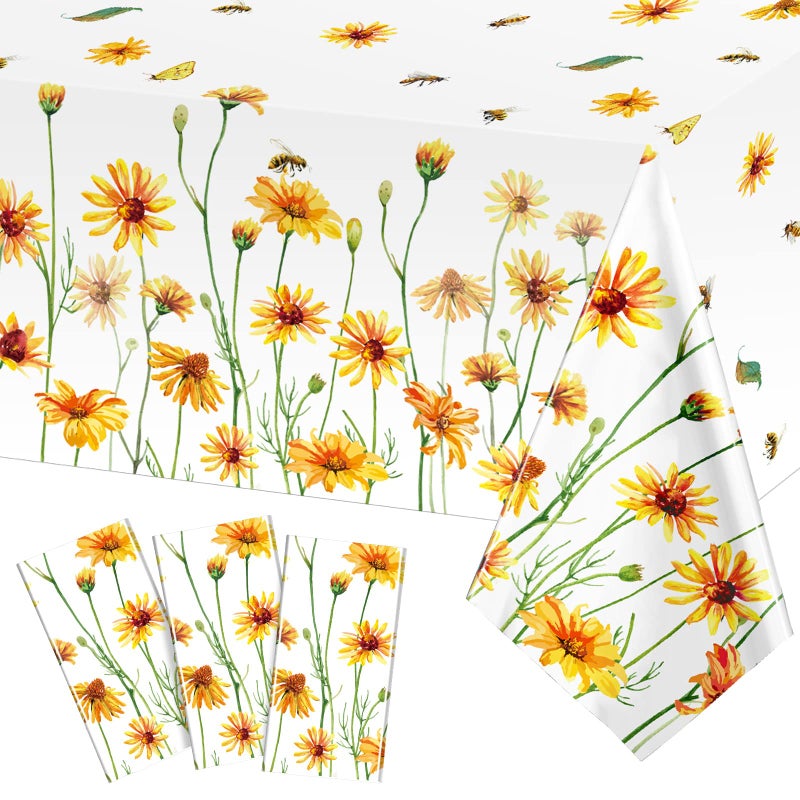 Capoda 3 Pieces Yellow Bee Flower Tablecloth Spring Plastic Table Cover Spring Summer Seasonal Kitchen Dining Table Decoration for Indoor Outdoor Home Party Supplies 54 x 108 Inch Bee Flower