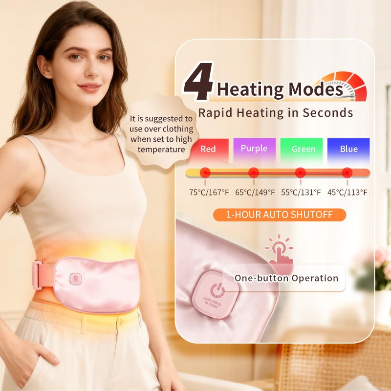 uncn Pure Silk Heating Pad for Period Cramps Portable Cordless Washable 5000mAh Rechargeable Heat Pack for Menstrual, Stomach & Back Pain Relief, 4 Heat Modes with Auto Shut-Off Electric Pink - Image 2