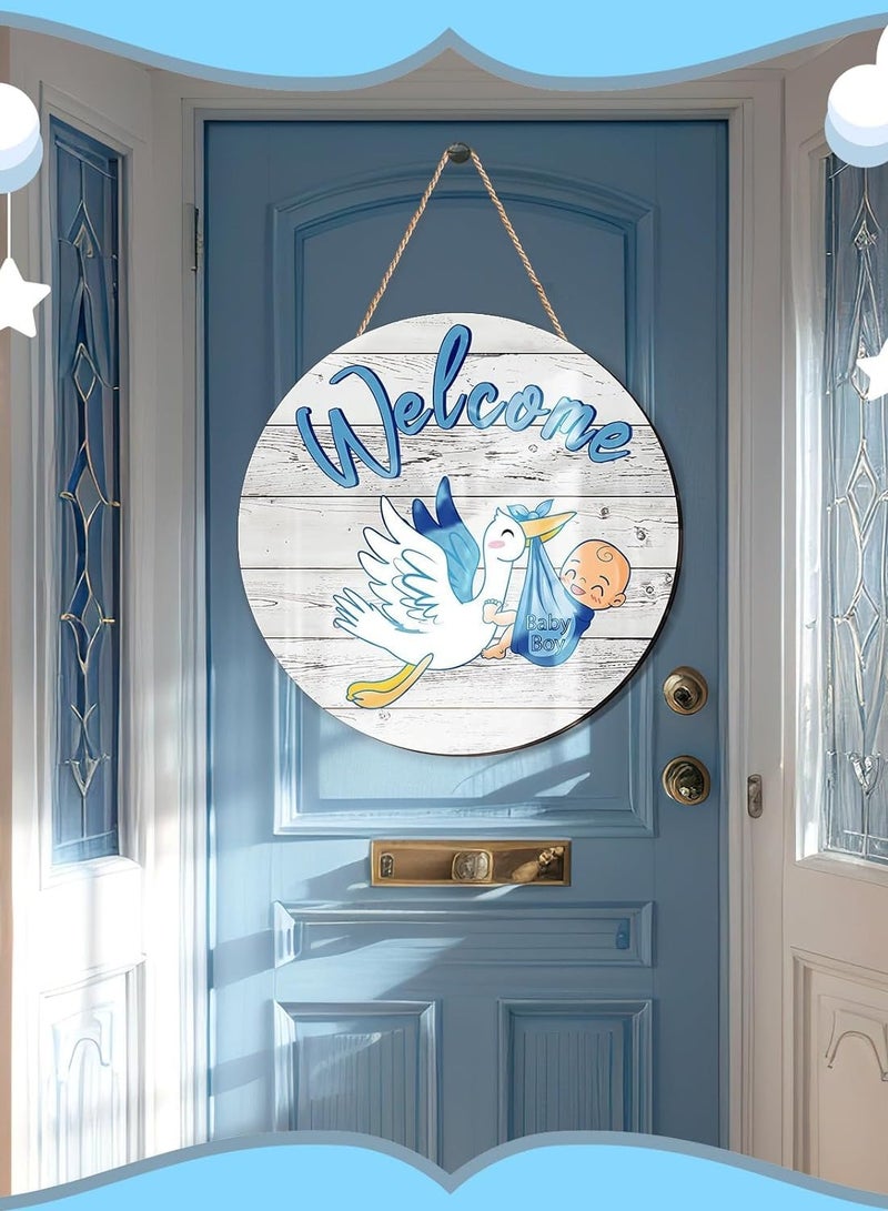 Maxsafe Baby Boy Door Sign Gender Reveal Welcome Baby Sign Hanging Wreath Round Wood With Sticker Sign Farmhouse Decorations Wooden Holiday Front Door Sign  - Image 2