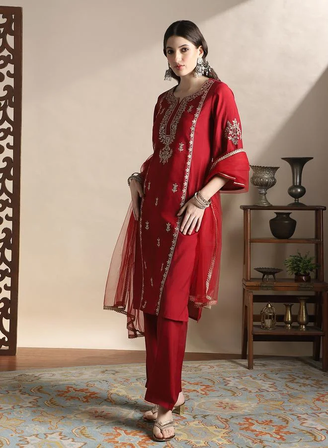 globus Embroidered Yoke Zari Work Straight Kurta, Pants and Dupatta Festive Set