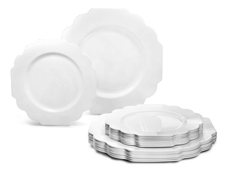 OCCASIONS FINEST PLA "" OCCASIONS "" 50 Plates Pack (25 Guests)-Heavyweight Wedding Party Disposable Plastic Plate Set -(25x10.5'' Dinner + 25x8'' Salad/Dessert) (Imperial in White) - Image 1