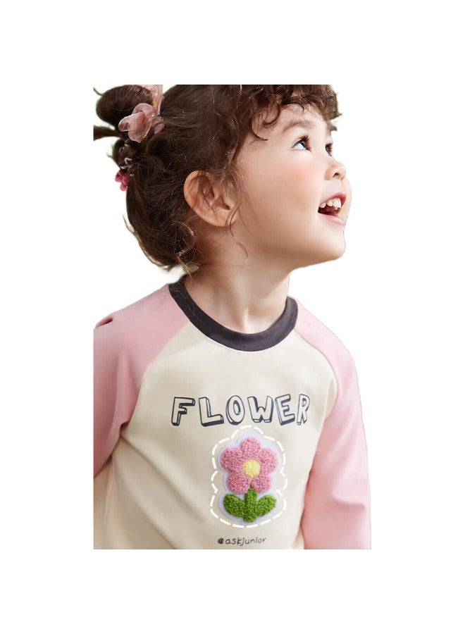 Ask Junior Girls' Long-Sleeve T-Shirt, Autumn Fashion, Contrasting Colors, Casual Raglan Sleeve, Children'S Base Layer T-Shirt, Beige, Size 90 - Image 2