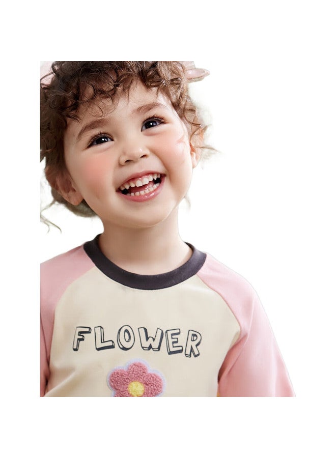 Ask Junior Girls' Long-Sleeve T-Shirt, Autumn Fashion, Contrasting Colors, Casual Raglan Sleeve, Children'S Base Layer T-Shirt, Beige, Size 90 - Image 1
