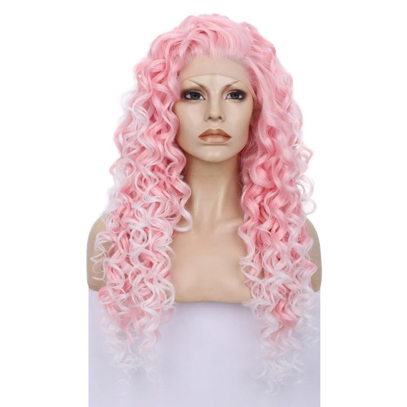 Pink Curly Lace Front Wigs Women Cosplay Costume Daily Wear Bounce Fluffy Wig Hair Heat Resistant 26 Inch(Pink)