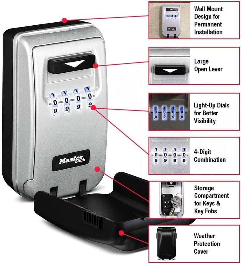 MasterLock 5425D Set Your Own Combination Wall Mount Lock Box with Light Up Dials, 6 Key Capacity, Black - Image 2