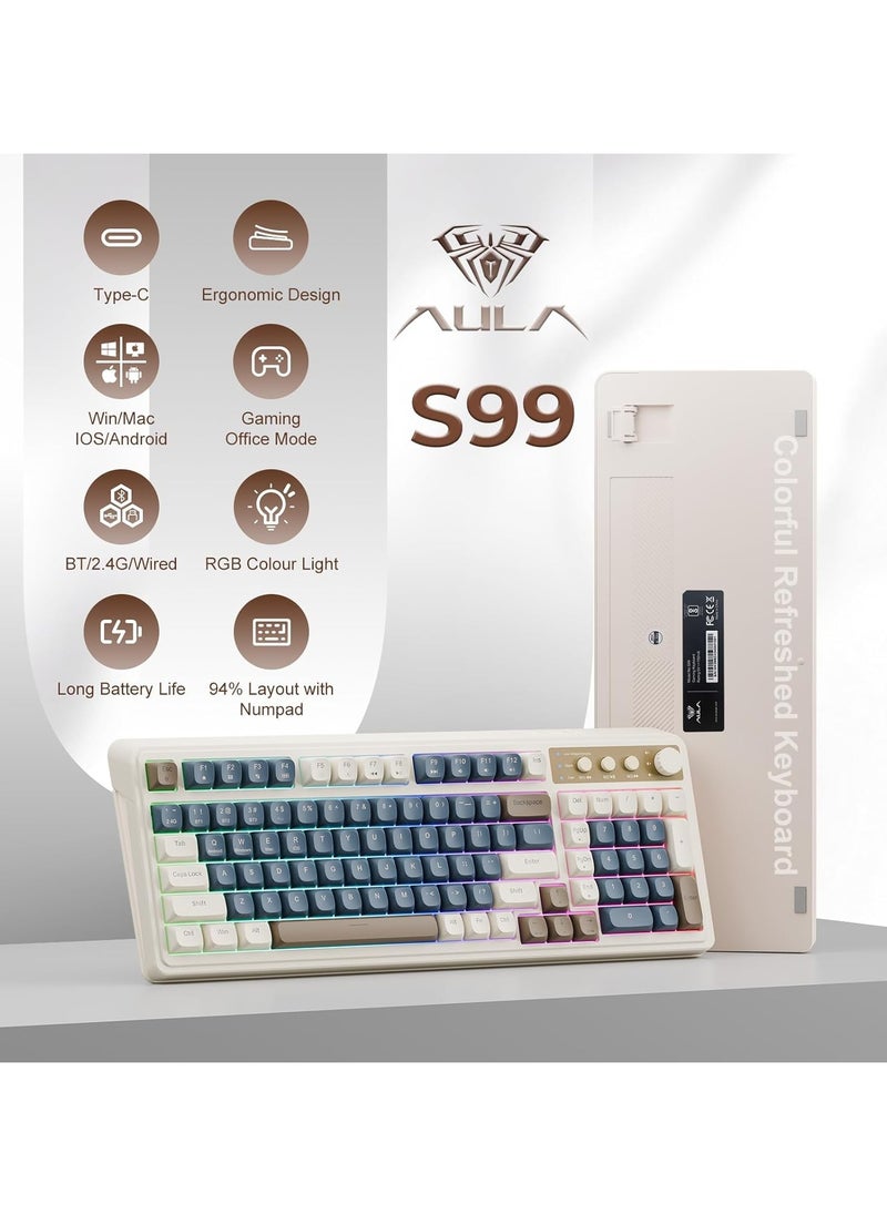 AULA - S99 Keys Creamy Gaming Keyboard, Tri-Mode Bluetooth/2.4GHz/USB-C Retro Keyboard with NumberPad RGB Backlit, Media Knob Programmable Membrane Computer Keyboard - Image 1