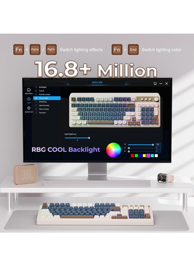 AULA - S99 Keys Creamy Gaming Keyboard, Tri-Mode Bluetooth/2.4GHz/USB-C Retro Keyboard with NumberPad RGB Backlit, Media Knob Programmable Membrane Computer Keyboard - Image 1