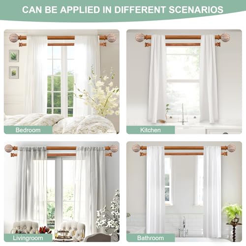 TANGWIN Boho Wooden Curtain Rods for Windows 66 to 120:TANGWIN 1" Heavy Duty Double Curtain Rod with Imitation Wood Grain Finials Farmhouse Decorative Wood Curtain Rod Dual Adjustable for Living Room Bedroom - Image 4