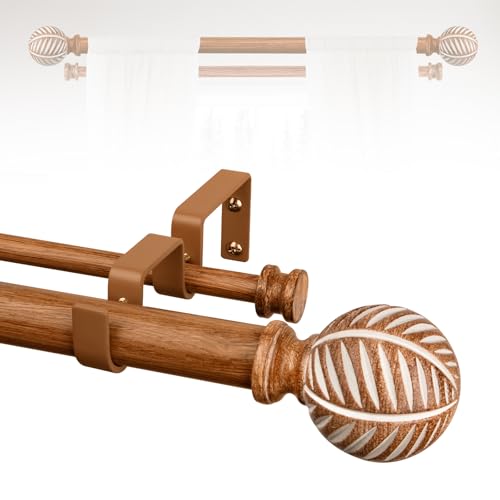 TANGWIN Boho Wooden Curtain Rods for Windows 66 to 120:TANGWIN 1" Heavy Duty Double Curtain Rod with Imitation Wood Grain Finials Farmhouse Decorative Wood Curtain Rod Dual Adjustable for Living Room Bedroom - Image 1